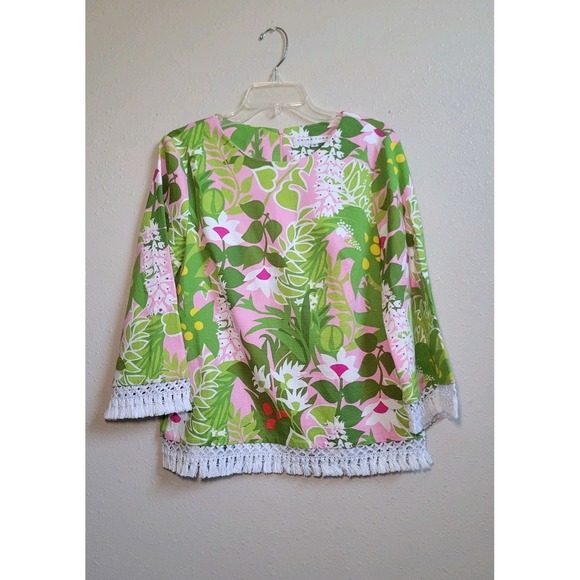 Trina Turk Sprig Top‎ in Nocolor Floral Print Pink Green Fringed Retro Sz 8